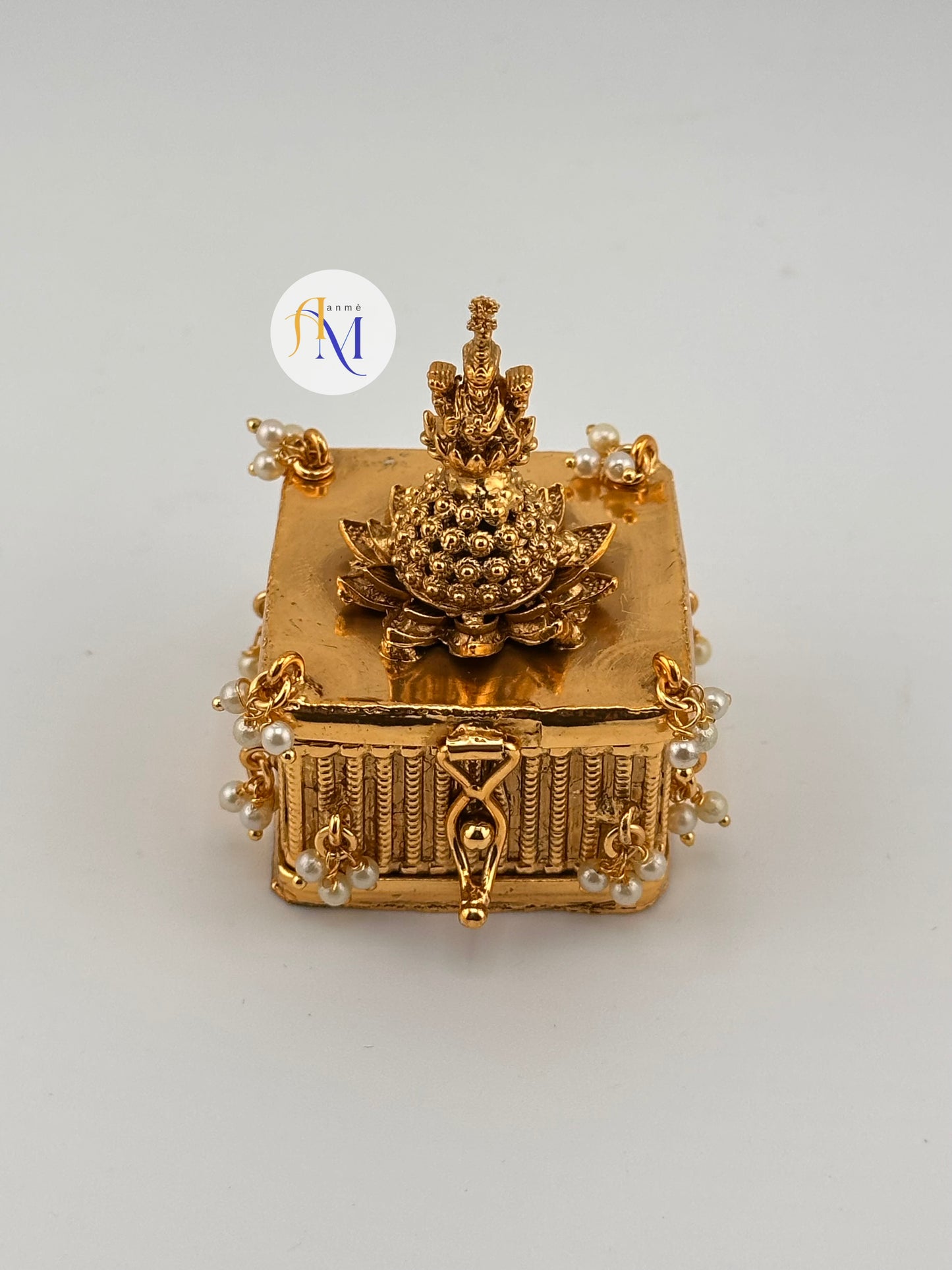 Rectangular Temple design Kumkum box with white pearls