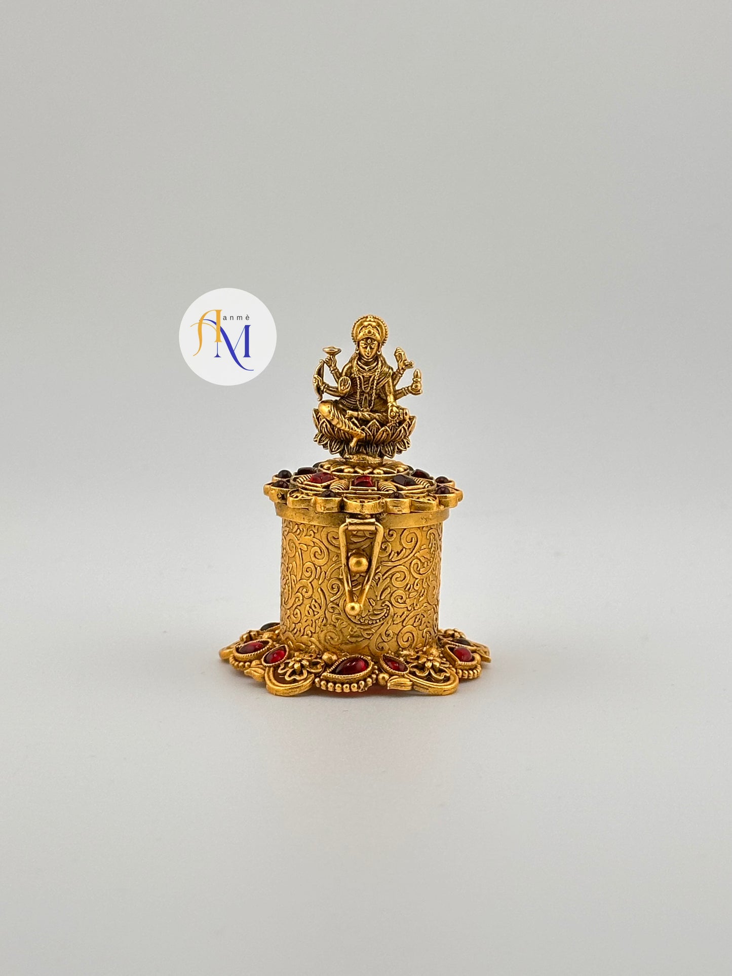 Beautiful temple design lakshmi idol kumkum box with ruby stones
