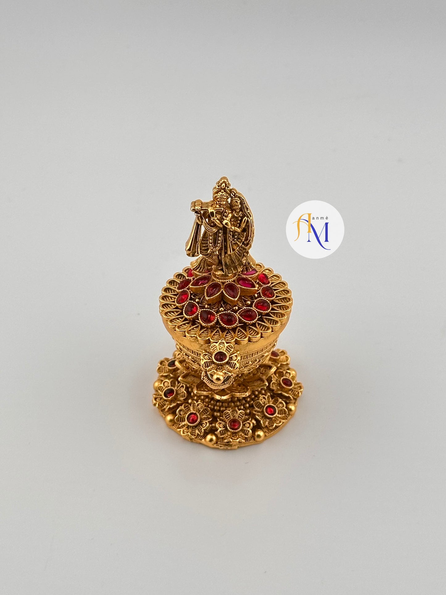 Unique Radha Krishna Kumkum box/Kumkuma cheppu/Sindoor dappi with ruby-green stones(Available in 2 colors)