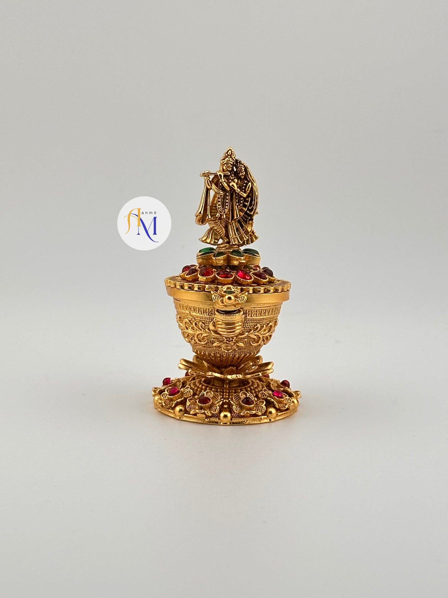 Unique Radha Krishna Kumkum box/Kumkuma cheppu/Sindoor dappi with ruby-green stones(Available in 2 colors)