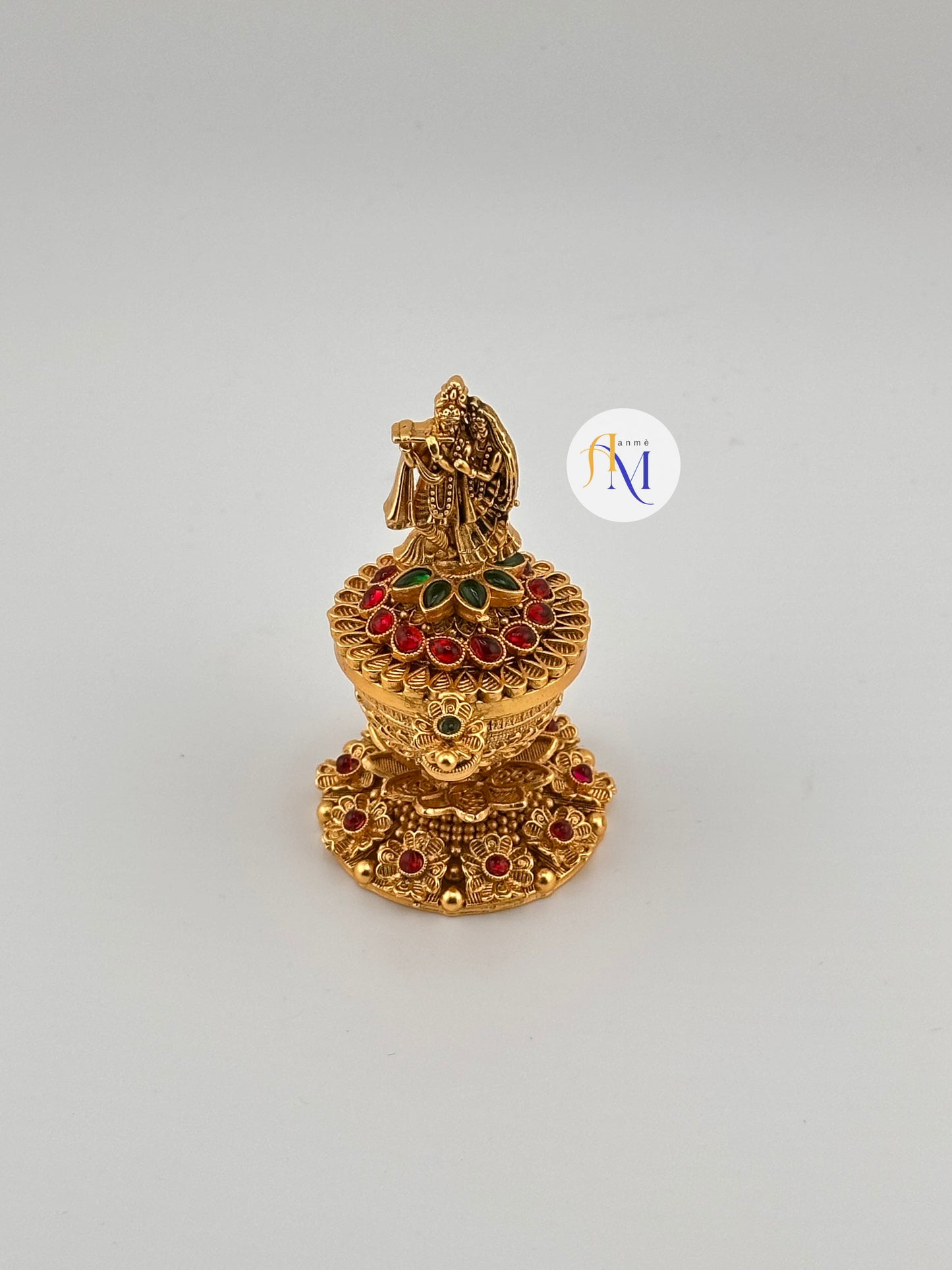 Unique Radha Krishna Kumkum box/Kumkuma cheppu/Sindoor dappi with ruby-green stones(Available in 2 colors)