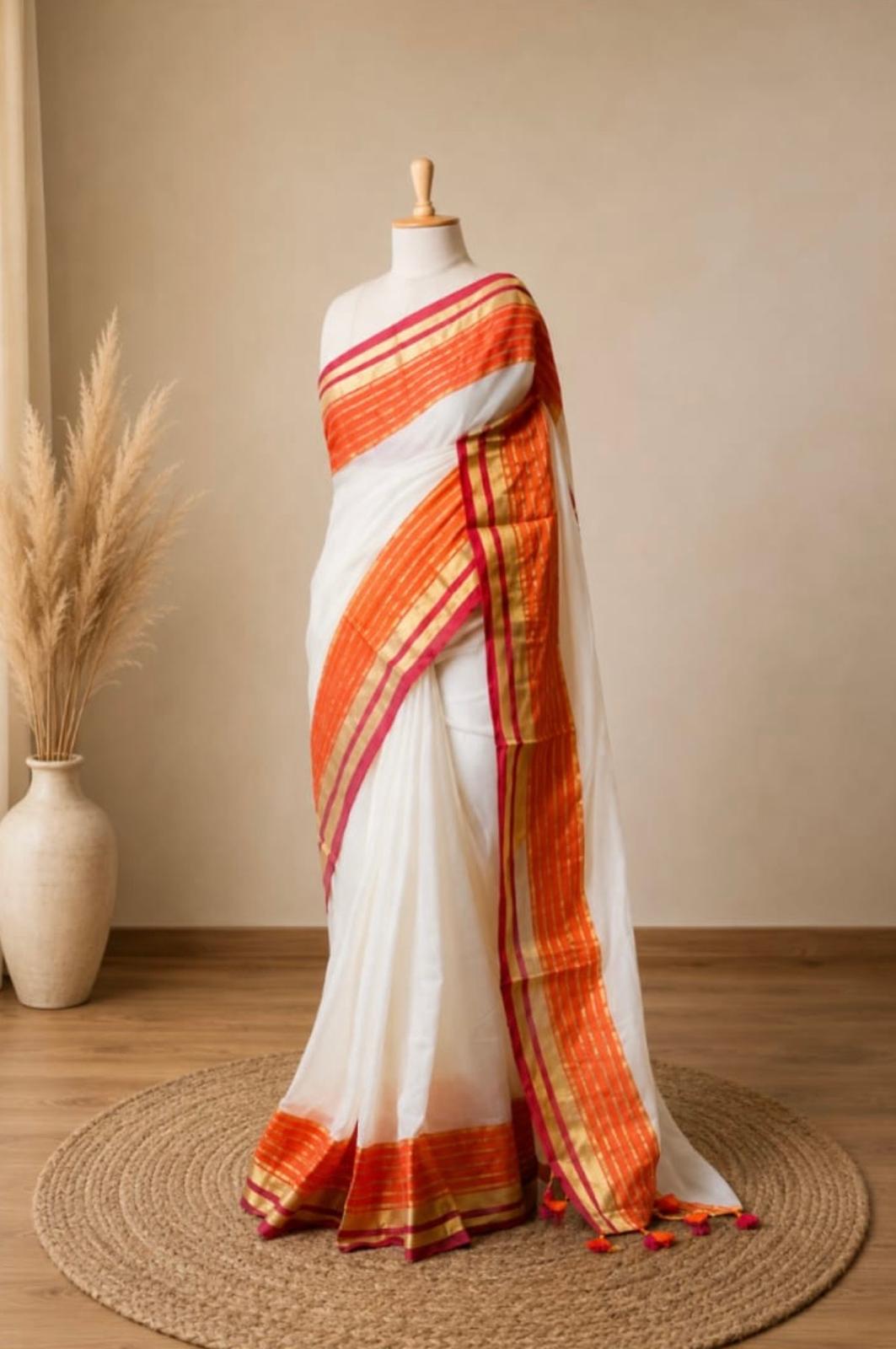 Pure 120 count Mul Cotton Saree – Elegant Off-White with Vibrant Orange, Maroon& Gold Border