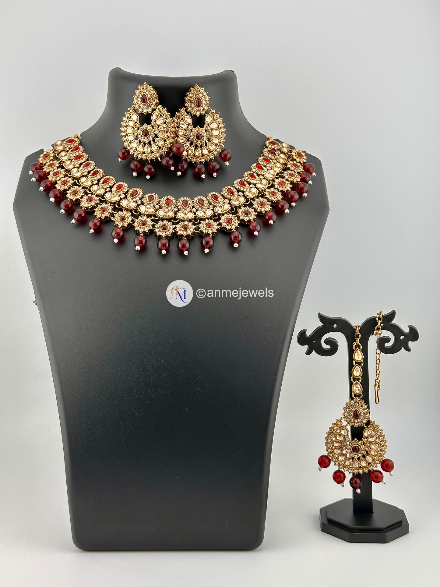 Ruby Maroon premium kundan bridal necklace with earrings and tikka set