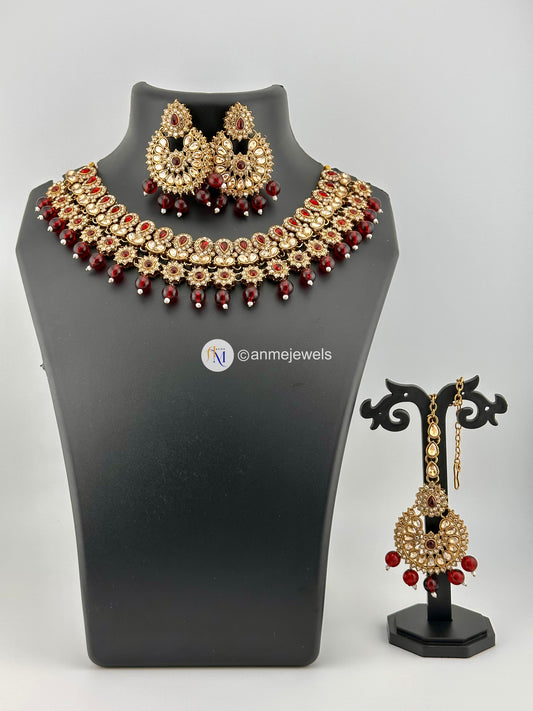 Ruby Maroon premium kundan bridal necklace with earrings and tikka set