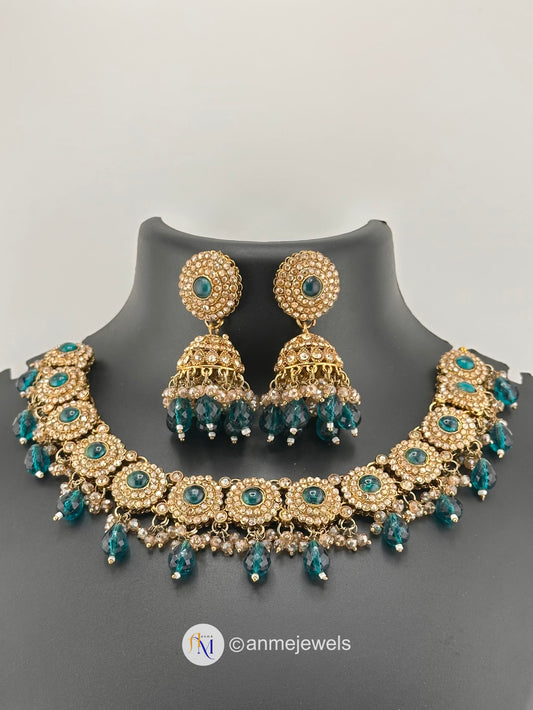 Aqua Green Kundan bridal necklace with earrings and tikka set