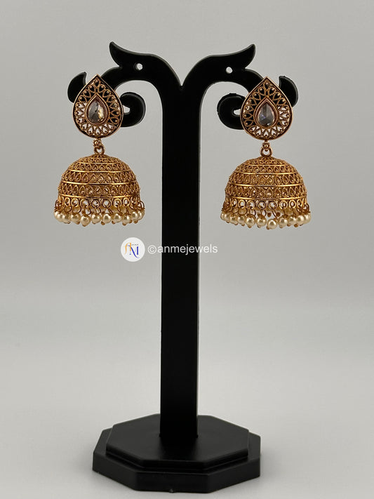 Gopi design golden with white stone and pearl hanging jhumkas - Available in different colors