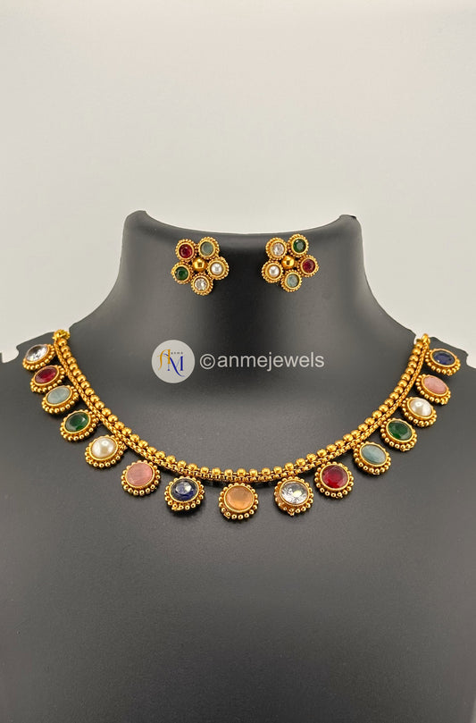 Elegant Navaratna necklace set with earrings