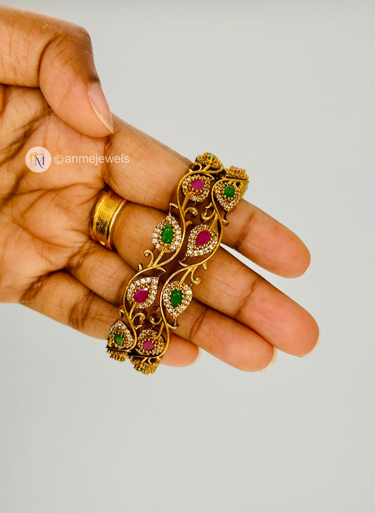 Ruby Green AD stone floral design bangle set