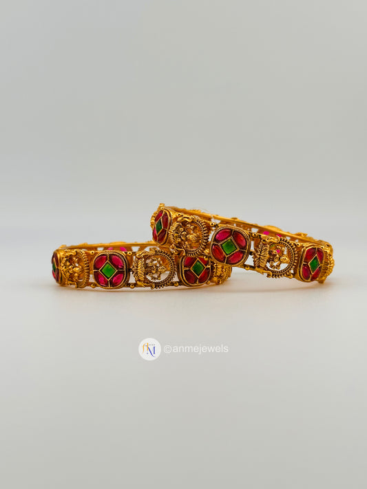 Antique Matte finish ruby and green kemp and lakshmi design bangle set
