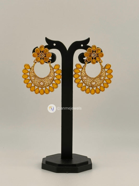 Yellow Kundan Chandbali earrings