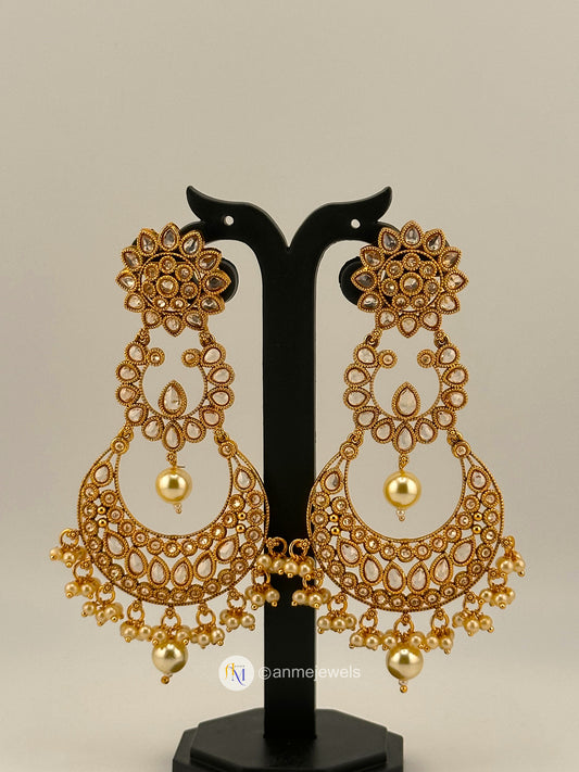 White Kundan Chandbali earrings with pearl hangings