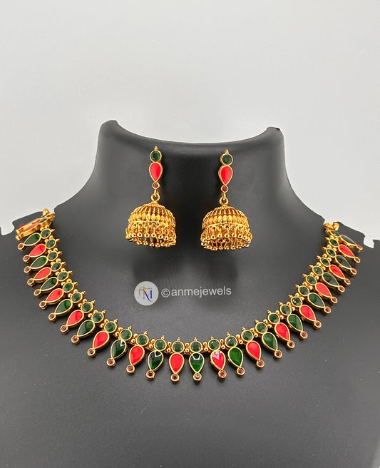 Ruby, Red and Green Kerala Gopi necklace and earrings
