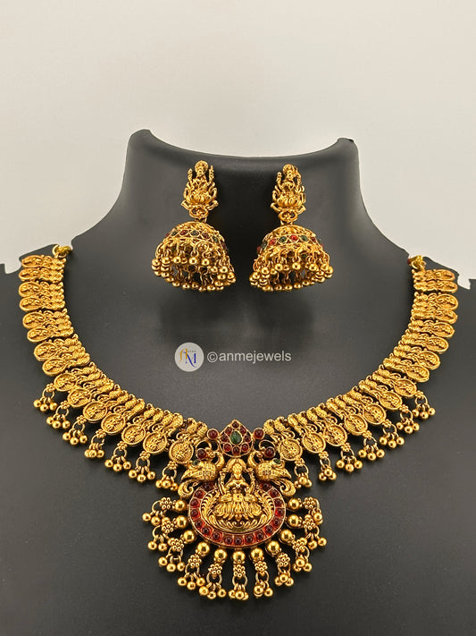 Antique Lakshmi Necklace with Laksmi Ruby Green Jhumki Set
