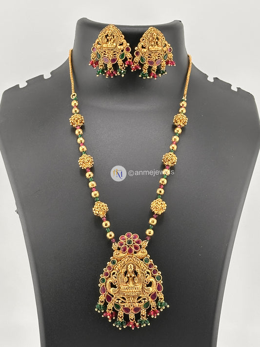 Lakshmi long haram with Ruby and green stone with beautiful Lakshmi earrings