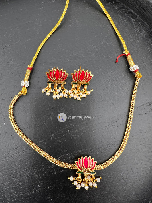 Trending Lotus Choker and beautiful lotus earrings with white pearl hangings