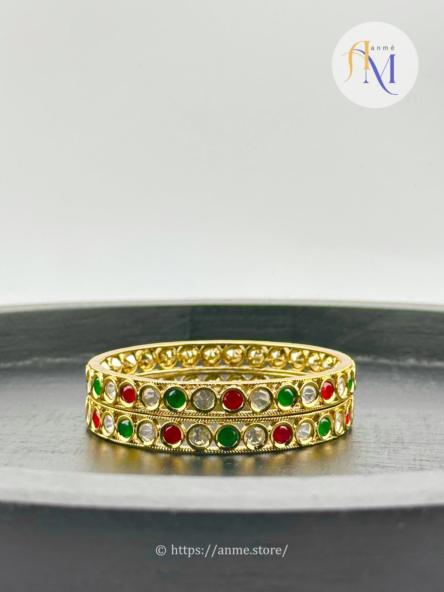 Ruby Green White Kundan Bangles set(2 pieces)