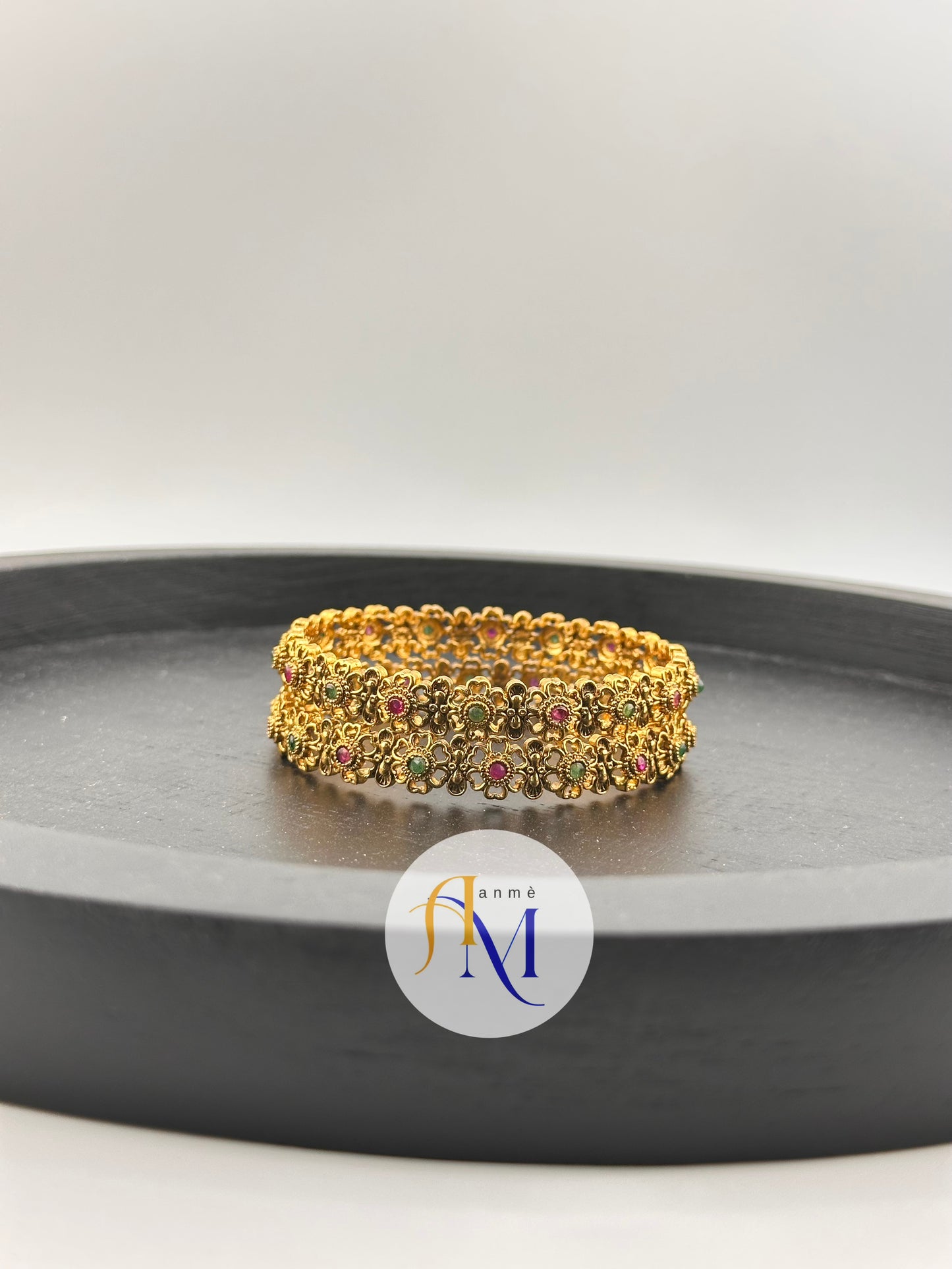 Antique floral design with ruby and green stone bangles(Set of 2)