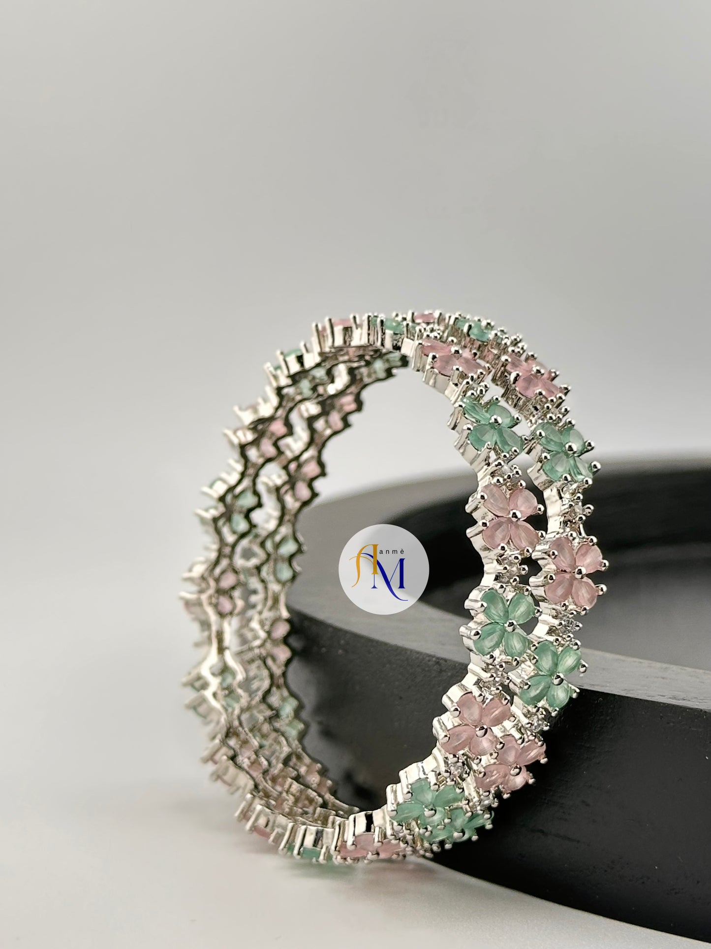Elegant and Sparkling AD Silver bangles in vibrant shades (Set of 2)