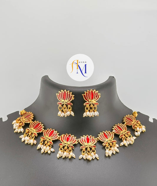 Trending Lotus necklace with white pearl hangings and earrings(Maroon-Maroon-Green)