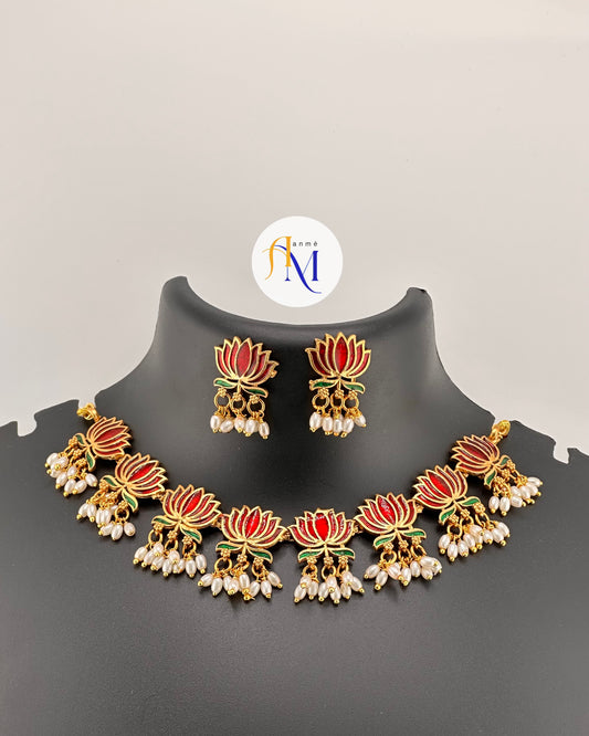 Trending Lotus necklace with white pearl hangings and earrings(Maroon-Maroon-Green)