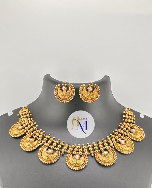 Unique chand design with ruby-green-white stones necklace set