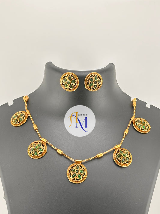 Antique gold toned medallions featuring white-green-ruby stones necklace/choker set
