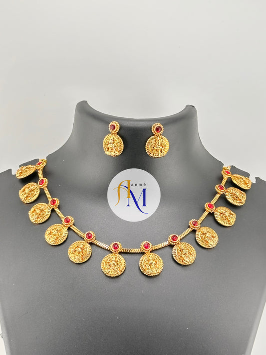 Traditional South Indian lakshmi coin necklace set with ruby stones
