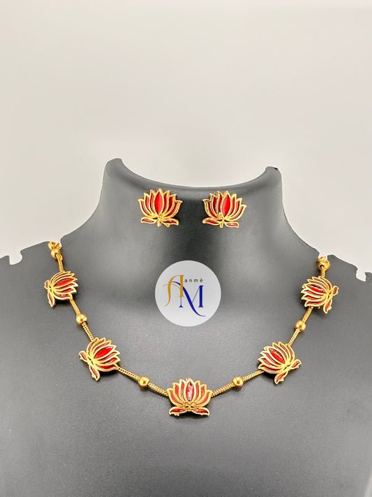 Trending Lotus necklace with earrings (Maroon-Maroon-Green)
