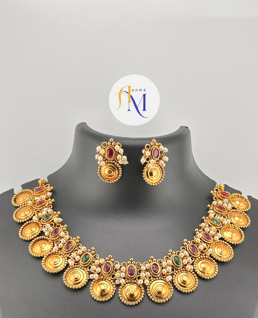 Beautiful trending coin and vadamalli-green necklace set with white pearl hangings