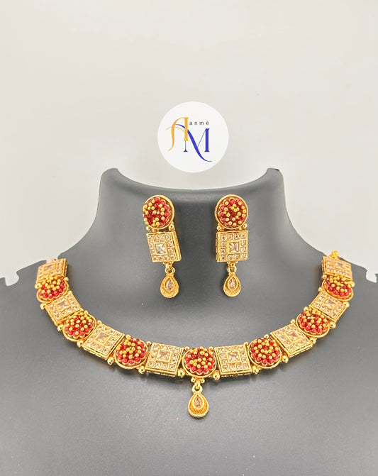 Beautiful Maroon Stone Studded Gold-Toned Choker Necklace Set with matching Earrings