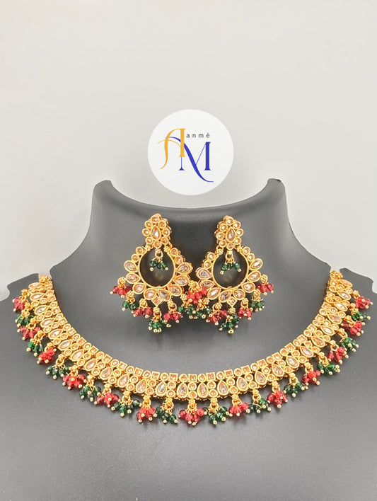 Traditional Indian Kundan Choker Necklace and Earring Set featuring multi-color beadwork