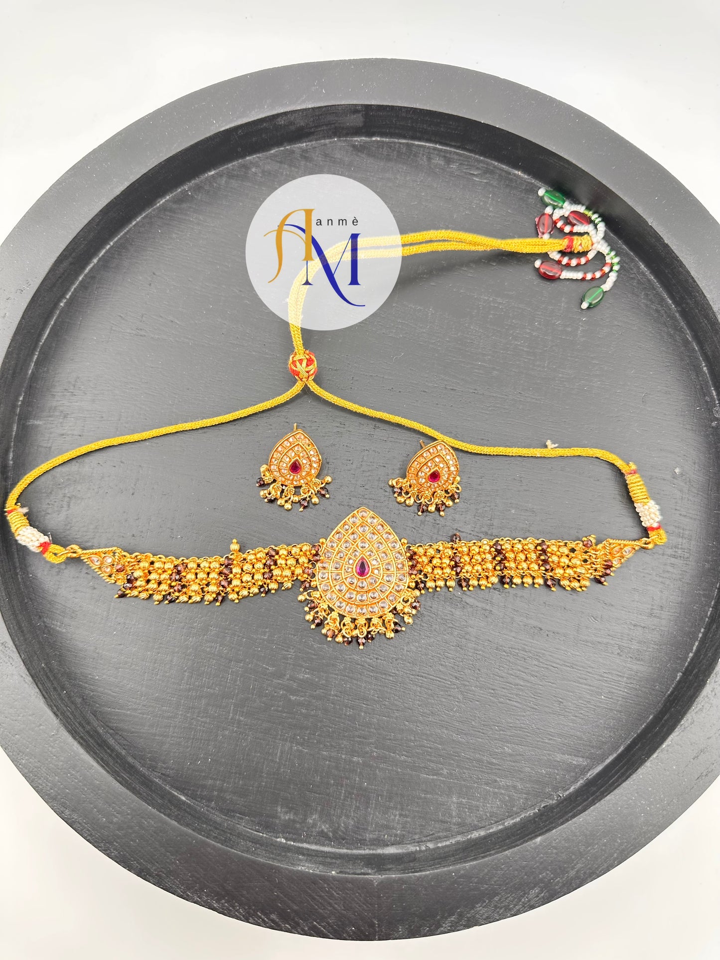 Stone-Studded & Beaded Choker set with beautiful earrings