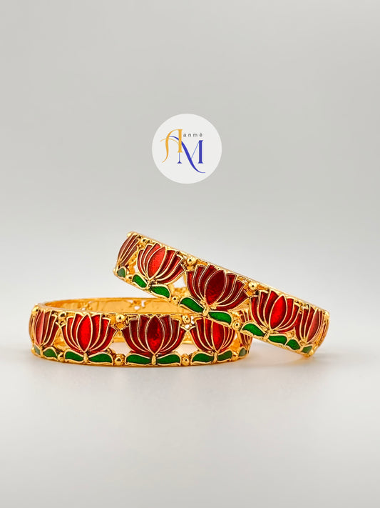 Trending Lotus Bangles(Set of 2) Maroon-Green Color