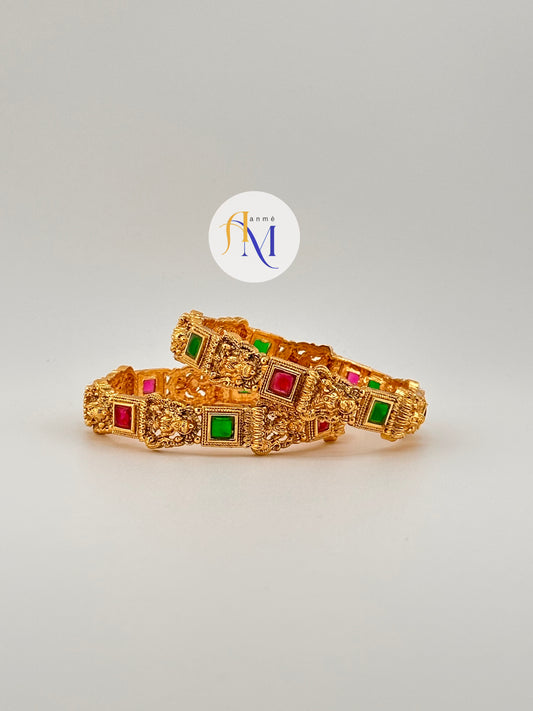 Temple design with ruby and green square cut bangles(Set of 2)