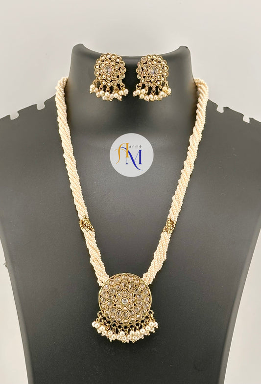 Elegant White Pearl Long necklace with beautiful white stones pendant with pearl hangings and earrings