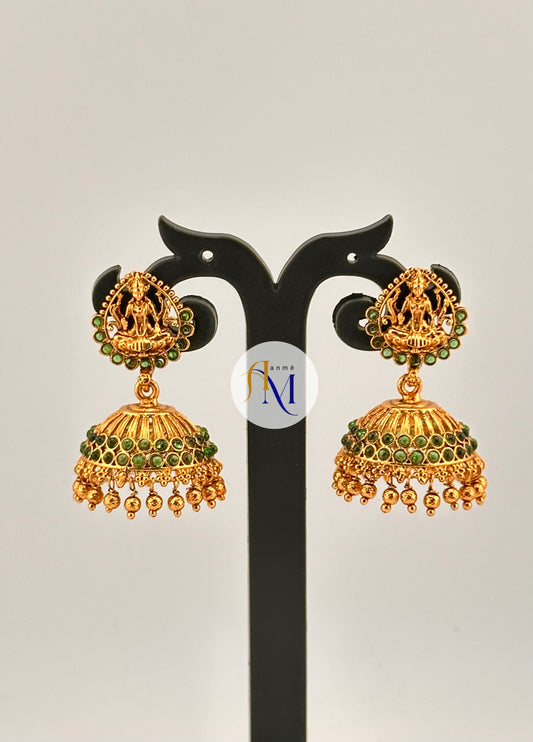 Temple design earrings with ruby-green stones(Available in 3 colors)