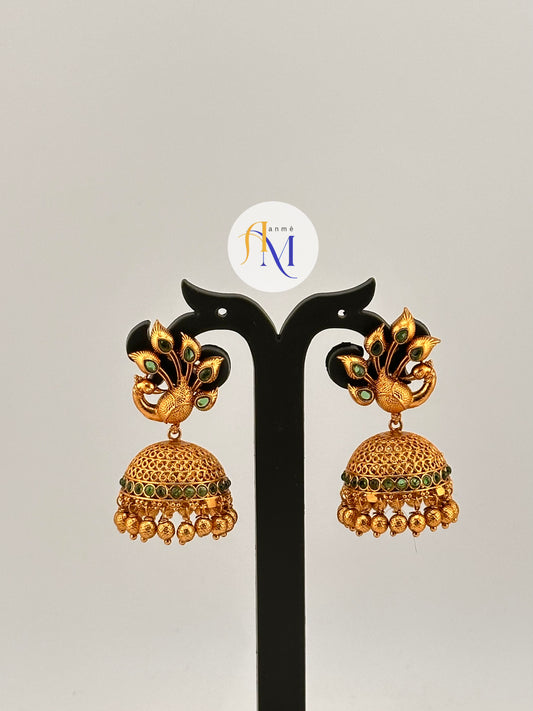 Beautiful peacock design Jhumkas with green stones
