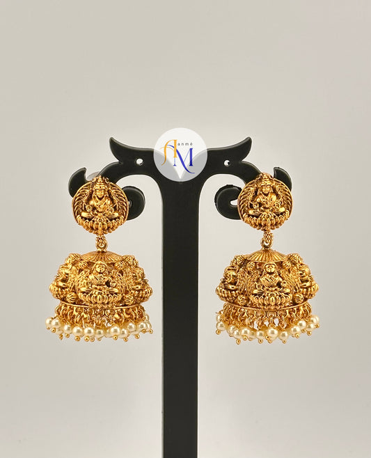 Elegant Golden Lakshmi Jhumkas with beautiful white pearl hangings