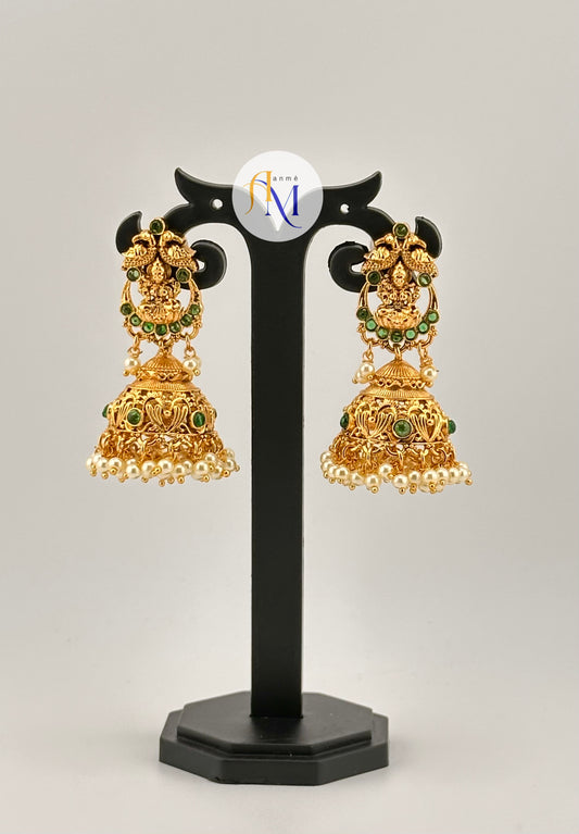Long Temple design Jhumkas with peacock and white pearl hangings(Available in 2 colors)