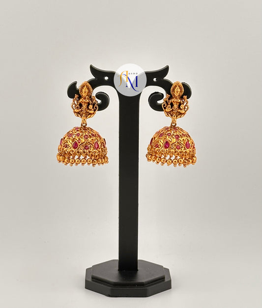 Beautiful Goddess Lakshmi earrings with rich ruby-green stone works(Available in 3 colors)