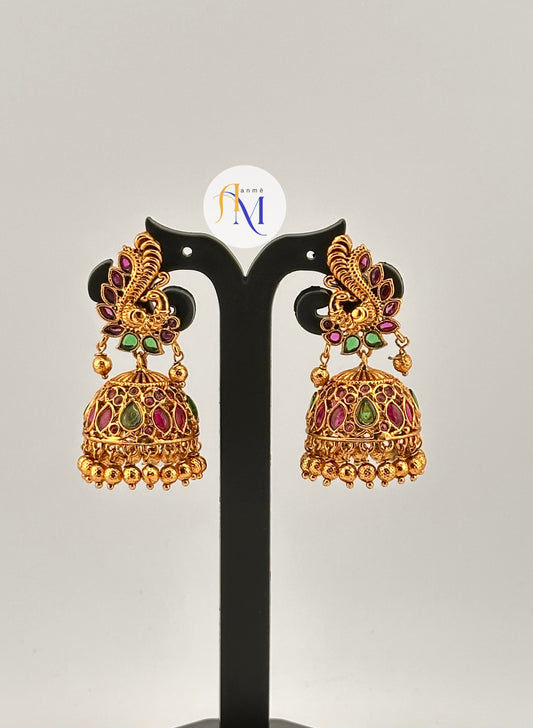 Elegant Peacock design Jhumkas with ruby-green stones