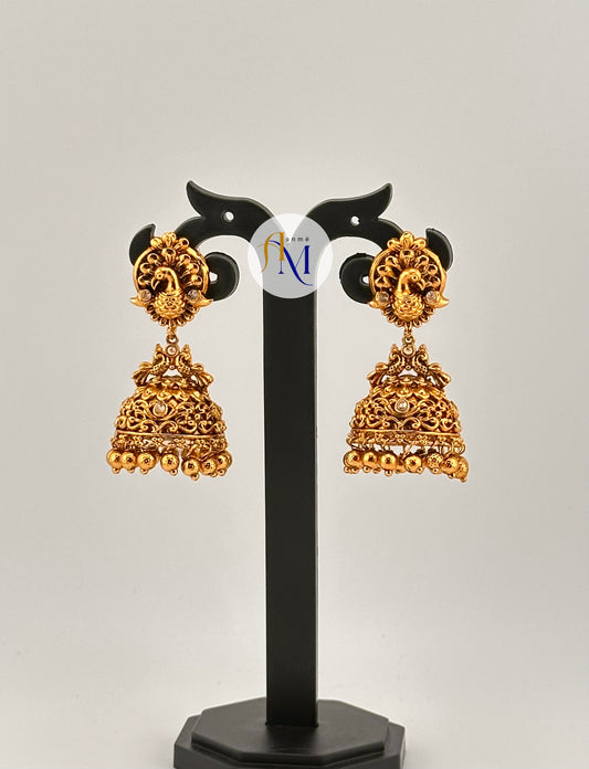 Beautiful peacock and floral design Jhumkas with white stones