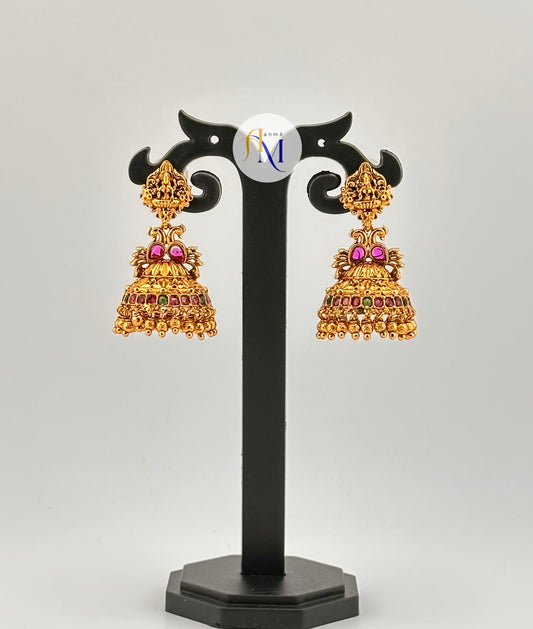 Simple and beautiful temple design Jhumkas with ruby-green stones(Available in 2 colors)