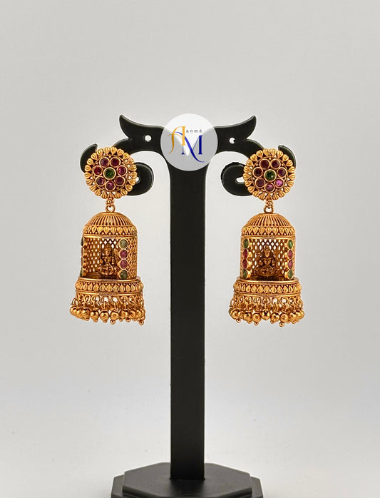 Lakshmi mandir earrings with multicolor stones and floral design