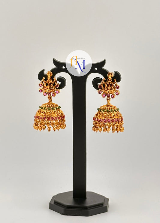 Antique temple design multicolor stone Jhumkas