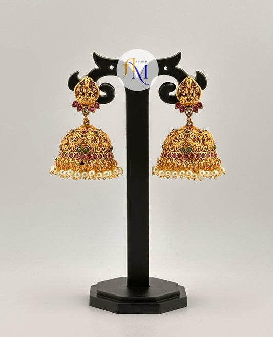 Antique temple design Jhumkas with ruby-green stones and white pearl hangings