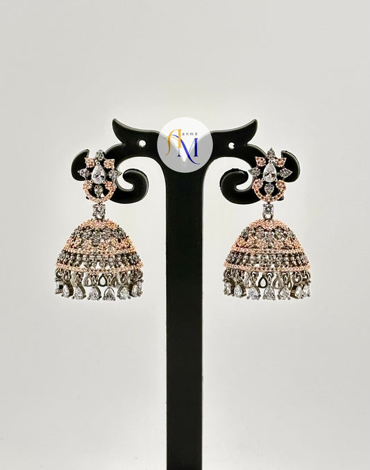 Sparkling black metal jhumka with white stone finishes with rosegold