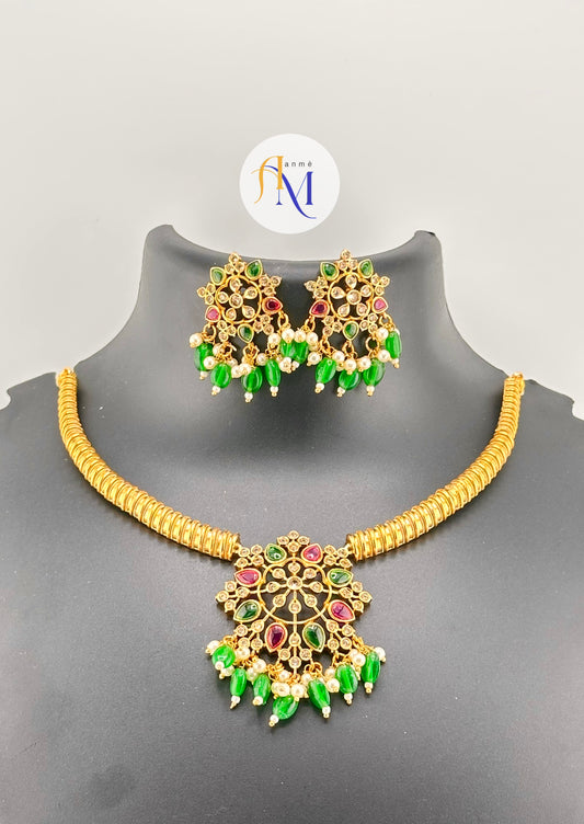 Trending ruby-green-white floral pendant necklace with white and green hangings