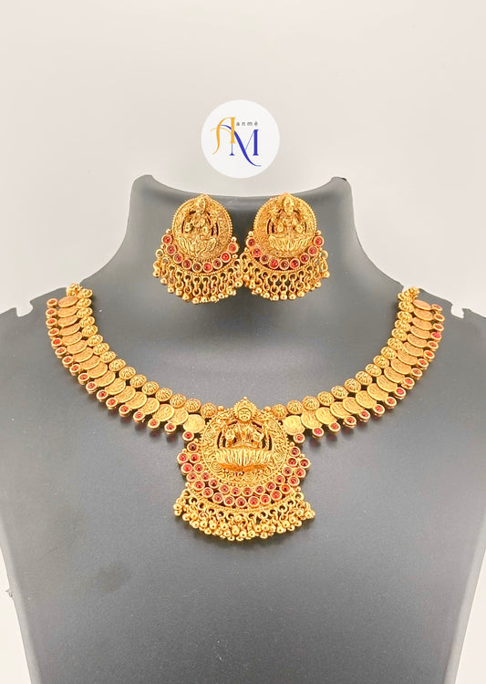 Antique matte finish coin choker(kasumala) or necklace with lakshmi pendant with ruby stones