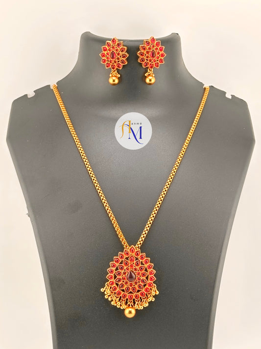 Beautiful and elegant Ruby Pendant with long golden chain with earrings